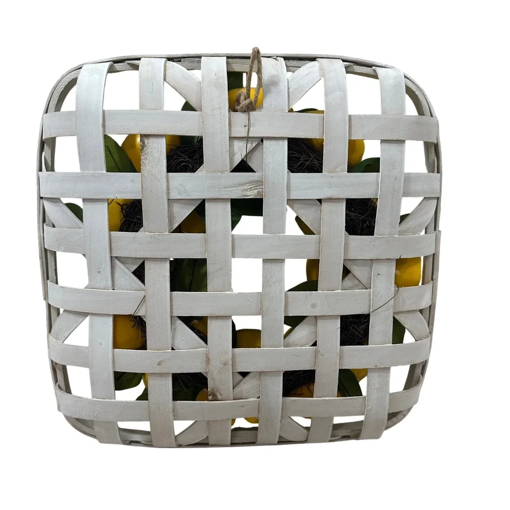 Lemon Wreath in White Tobacco Basket Farmhouse Wall Decor 18x18 Yellow Citrus